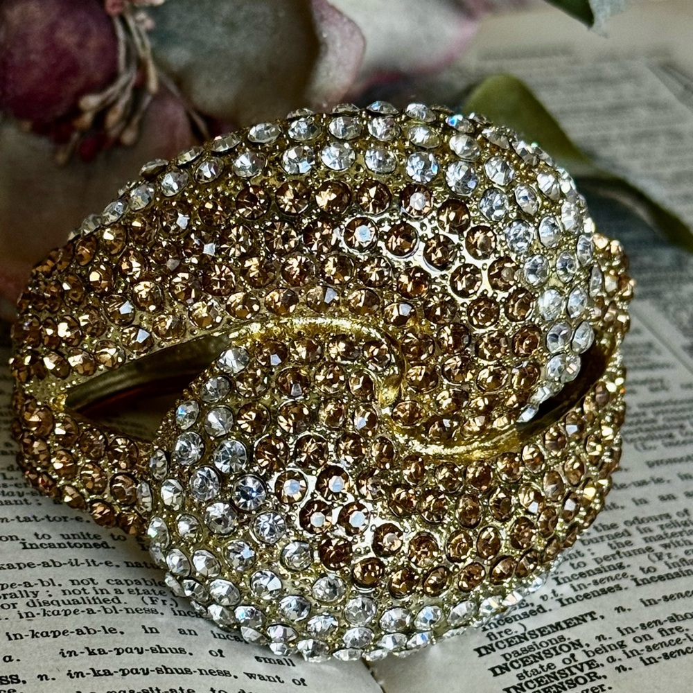 Rhinestone Bracelet Wide Gold Tone Gold Clear Rhinestone Hinged Cuff Chunky Glam